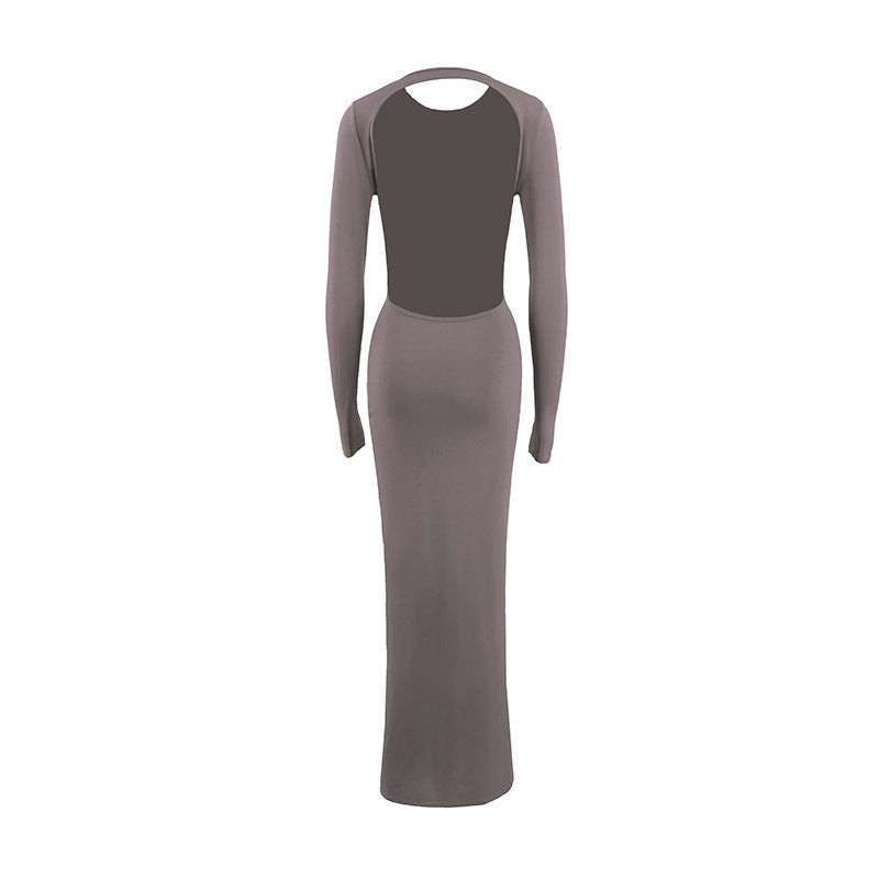 Round Neck Slim Fit Long Sleeved Sexy Backless Sheath Dress Women Clothing
