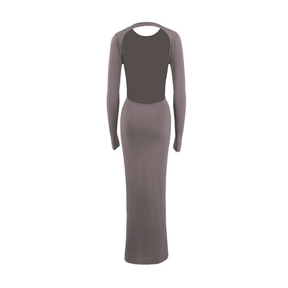 Round Neck Slim Fit Long Sleeved Sexy Backless Sheath Dress Women Clothing