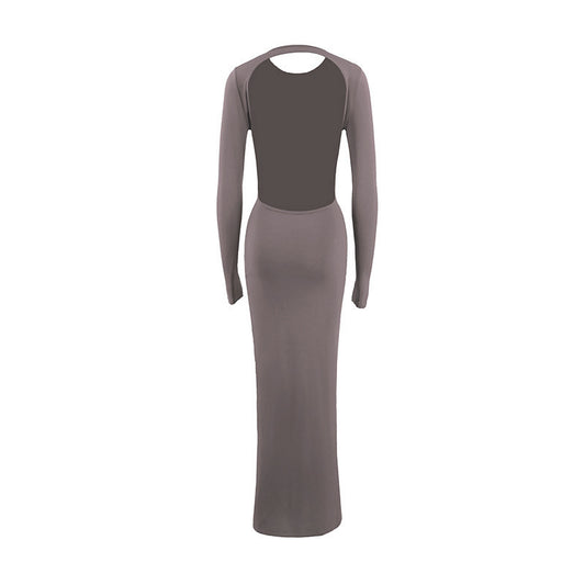 Round Neck Slim Fit Long Sleeved Sexy Backless Sheath Dress Women Clothing