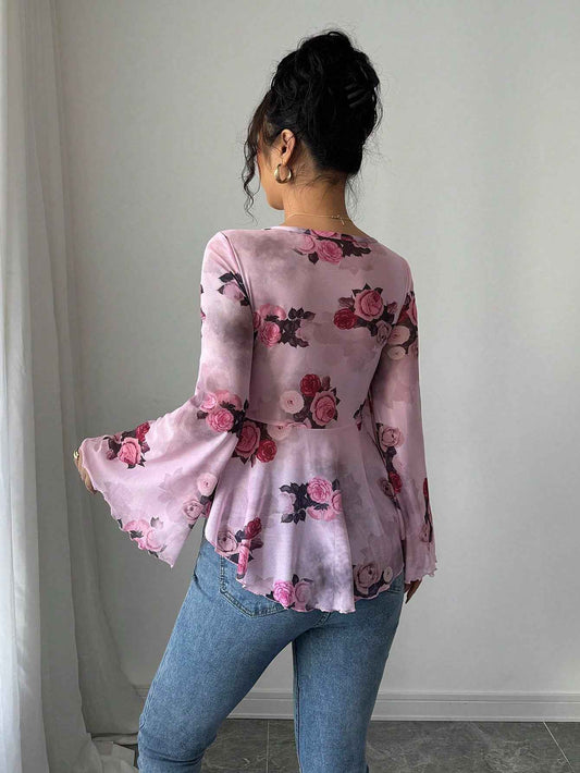 French Sweet Floral Blooming Lace up Square Collar Long Sleeve Shirt