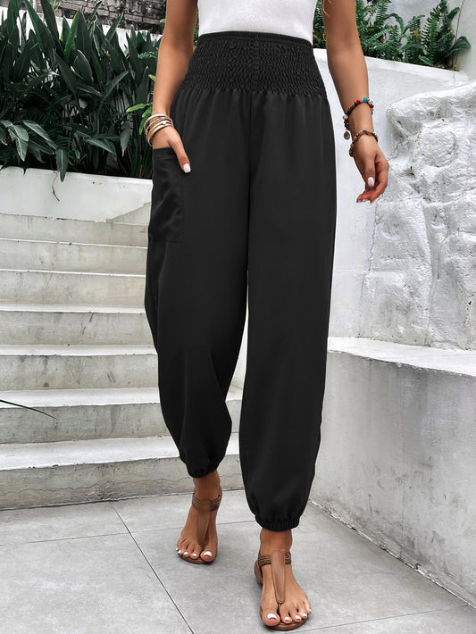 Women Clothing Elastic Waist High Waist Wide Leg Ankle Length Pants - Iyanka