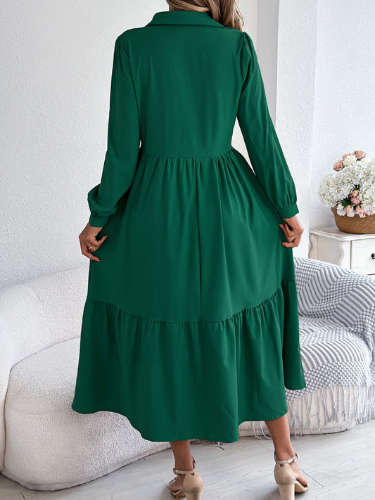 Autumn Winter Collared Casual Loose Long Sleeve Ruffled Shirt Dress Women Clothing