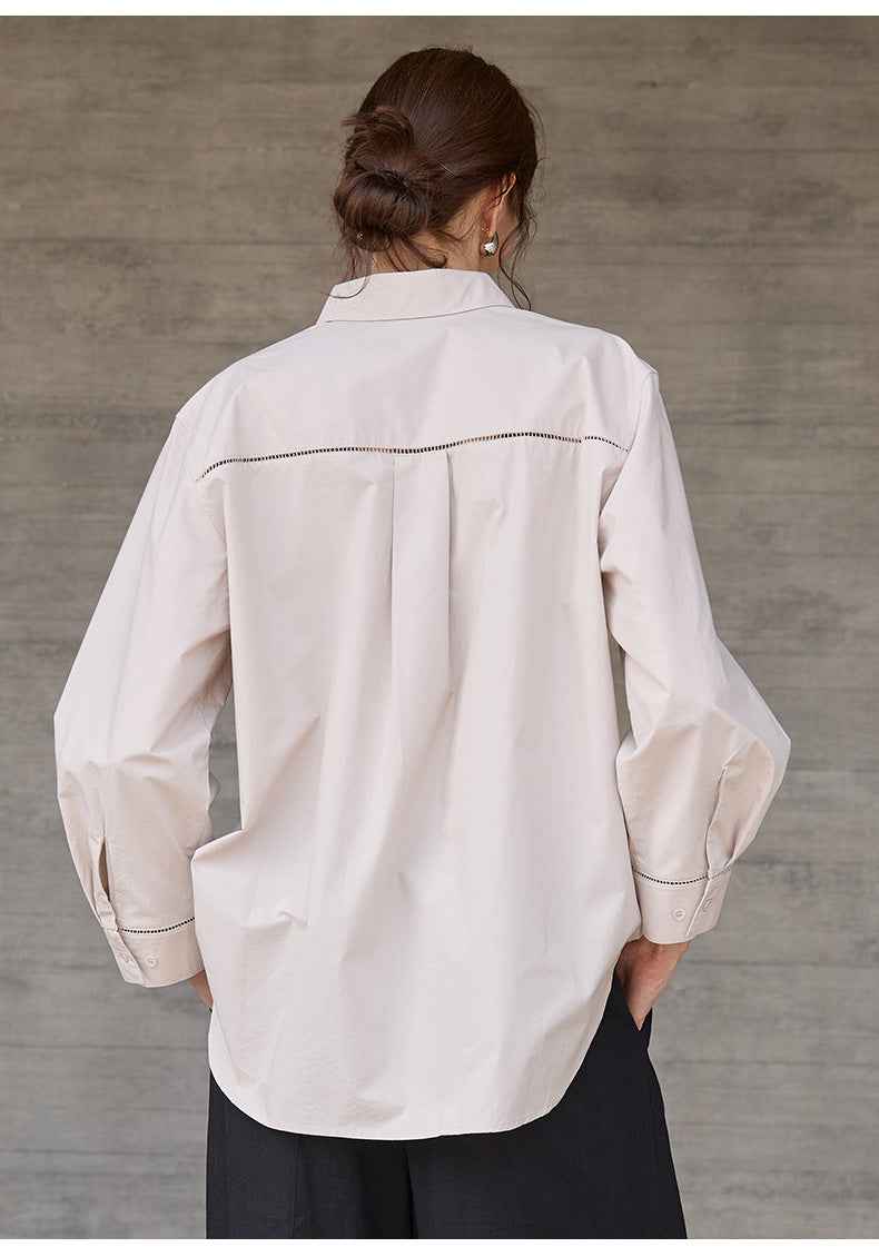 Women’s Autumn/Winter Cotton Long Sleeve Collared Shirt – Hollow Out Design