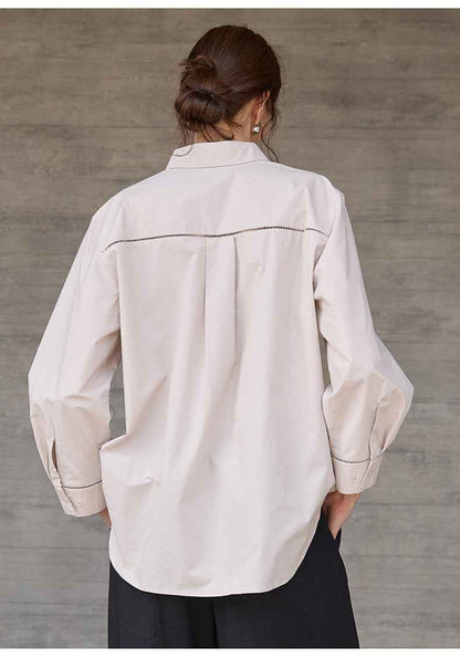 Women’s Autumn/Winter Cotton Long Sleeve Collared Shirt – Hollow Out Design