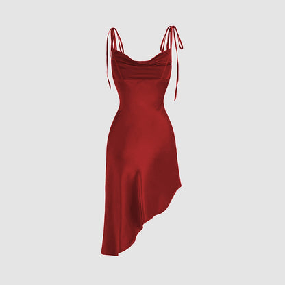 Popular Satin Sling Swing Collar Waist Tight Flab Hiding Design Irregular Asymmetric Hem Dress - Iyanka