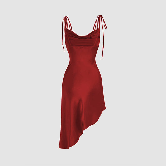 Popular Satin Sling Swing Collar Waist Tight Flab Hiding Design Irregular Asymmetric Hem Dress - Iyanka