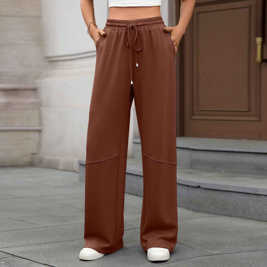 Autumn Winter Solid Color Elastic Waist Drawstring Pocket Wide Leg Pants Trousers for Women