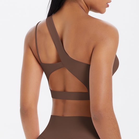 Solid Color One Shoulder Beauty Back Yoga Bra Nude Feel Push up Sports Bra Irregular Asymmetric Shoulder Strap Sports Vest for Women - Iyanka