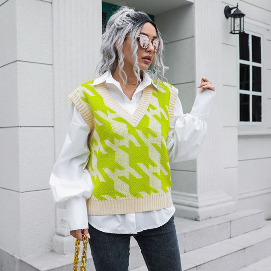 Houndstooth V-neck Vest Sweater Women Vest Outer Wear Inner Wear Autumn Winter Knitwear Sweater Boucle - Iyanka