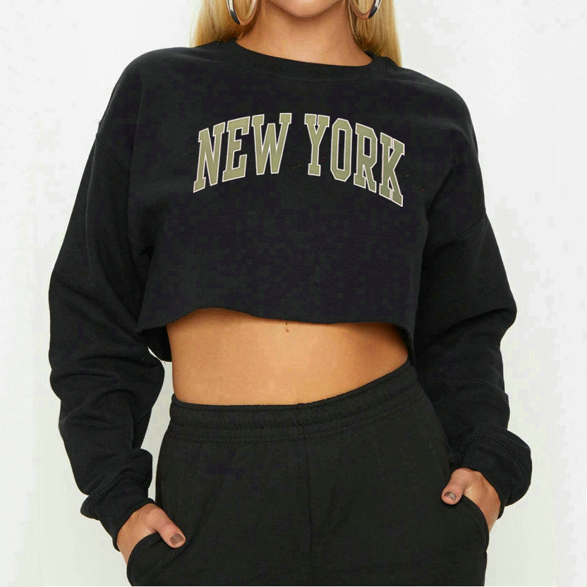 Women Clothing Autumn Winter York Letter Graphic Printing Short Loose Long Sleeves Sweatshirt - Iyanka