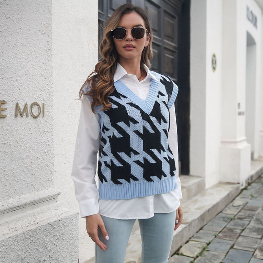 Houndstooth V-neck Vest Sweater Women Vest Outer Wear Inner Wear Autumn Winter Knitwear Sweater Boucle - Iyanka