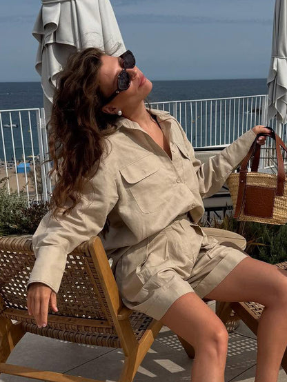 Cotton Long Sleeved Shirt Shorts Women Summer Loose Breathable Casual Two Piece Sets - Iyanka