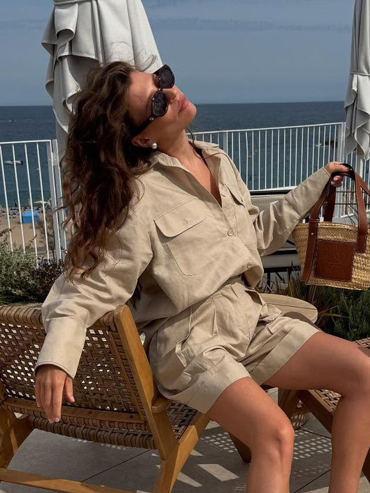 Cotton Long Sleeved Shirt Shorts Women Summer Loose Breathable Casual Two Piece Sets - Iyanka