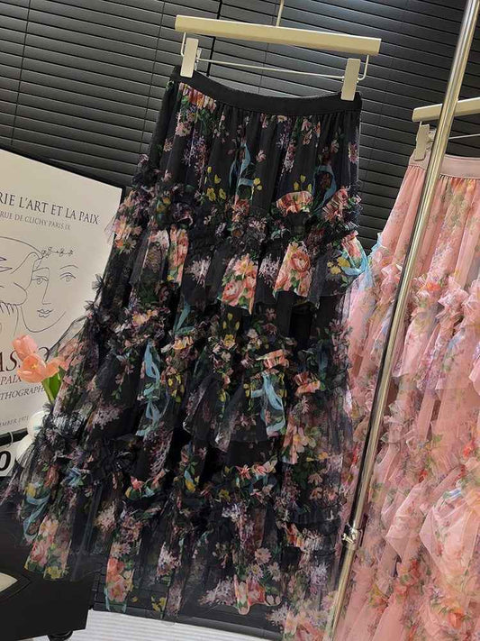 Heavy Industry Stitching Printing Net Yarn Cake Skirt Skirt Women Floral Puffy Long Skirt