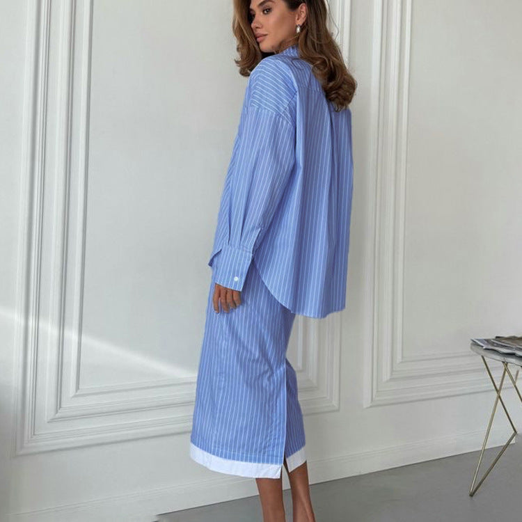 Women Clothing Striped Contrast Skirt Set Collared Long Sleeve Pocket Shirt High Waist Hip Skirt Two Piece Set - Iyanka