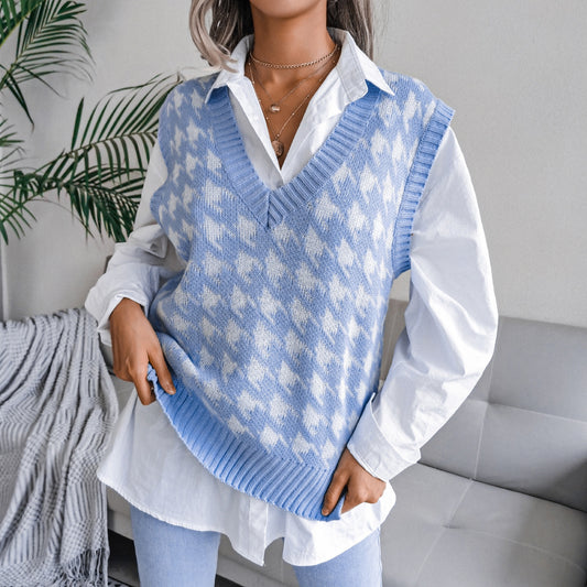 Autumn Winter V-neck Houndstooth Casual Loose Knitted Vest Sweater Waistcoat Women Clothing - Iyanka