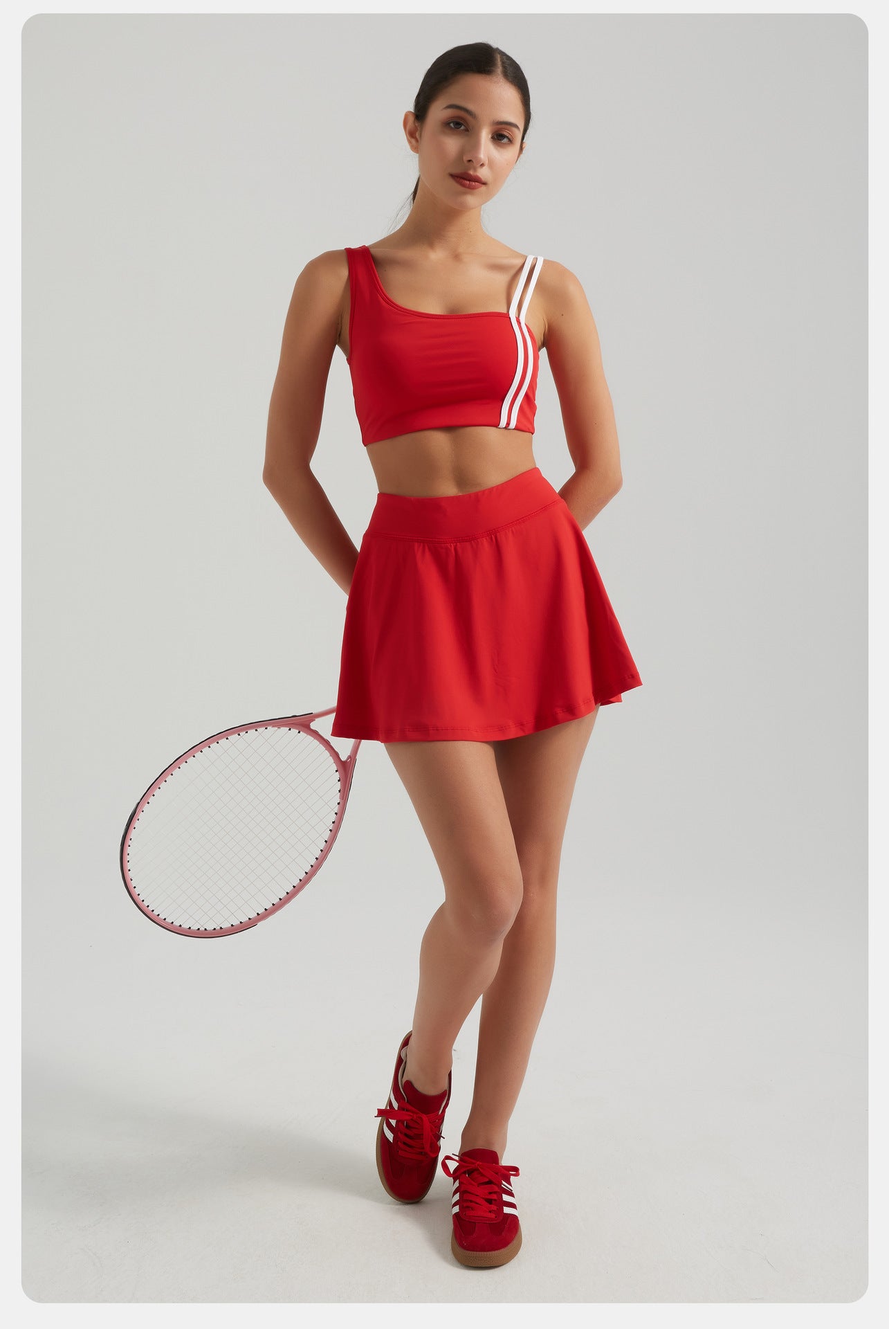 Contrasting Color Thread Yoga Clothes Sports Women Removable Bra Faux Two Piece Anti Exposure Half-Body Tennis Skirt Two Piece Sets - Iyanka