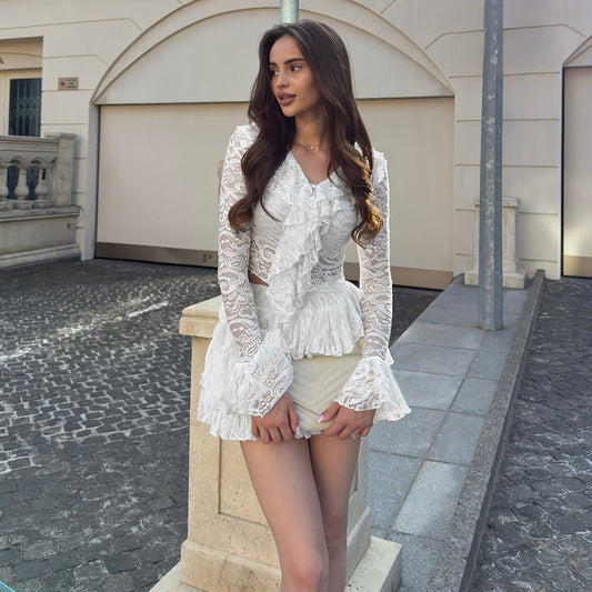 Women Clothing Autumn Slim Fit Sexy Flare Sleeve Ruffled Long Sleeve Lace Hollow Out Cutout out Skirt Two Piece Sets - Iyanka