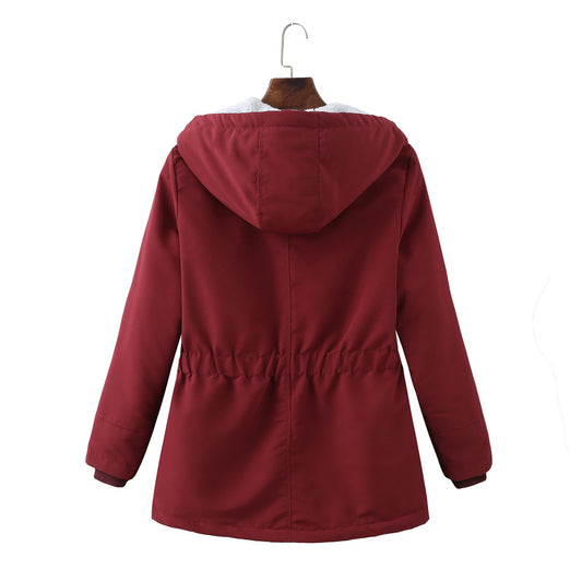 Ladies Hooded Lambswool Parka Winter Warm Waist Women Cotton-Padded Coat - Iyanka