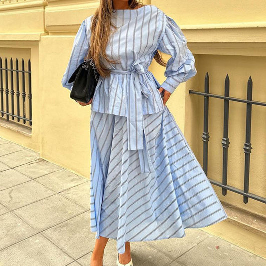 Women Striped Skirt Set round Neck Long Sleeve Tied Pullover Top Office Two Piece Set - Iyanka