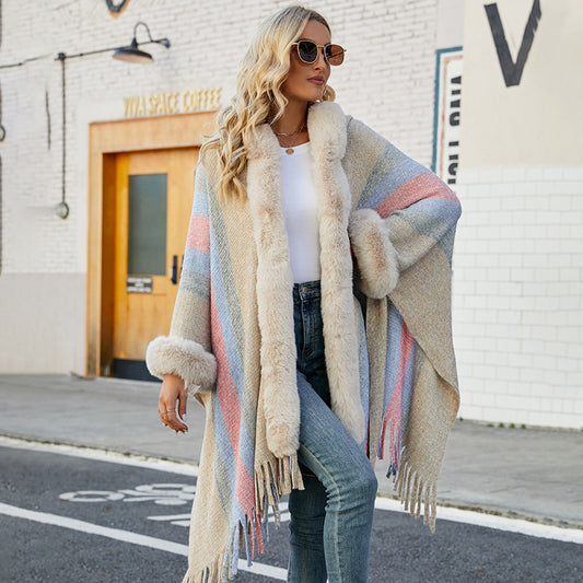 Hooded Cape for Women Autumn Winter Striped Knitted Tassel Shawl - Iyanka