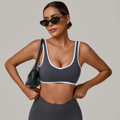 Autumn Sand Contrast Color Wide Shoulder Strap Sports Underwear Shockproof Women One Piece Yoga Bra Outdoor Workout Clothes - Iyanka