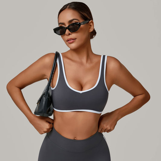 Autumn Sand Contrast Color Wide Shoulder Strap Sports Underwear Shockproof Women One Piece Yoga Bra Outdoor Workout Clothes - Iyanka