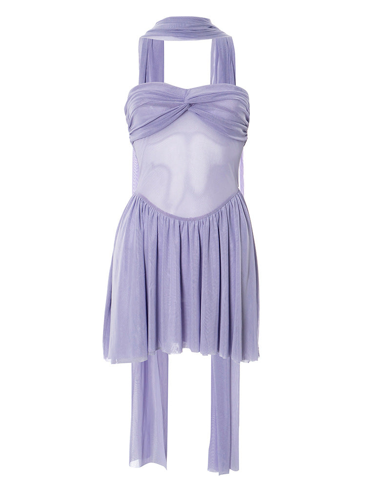 Women Clothing Solid Color Sleeveless Backless Pleated Stitching A line Tube Top Dress
