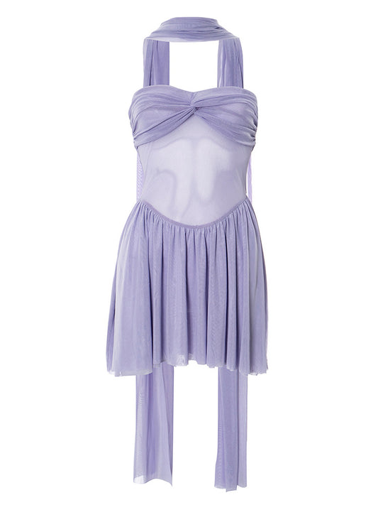Women Clothing Solid Color Sleeveless Backless Pleated Stitching A line Tube Top Dress