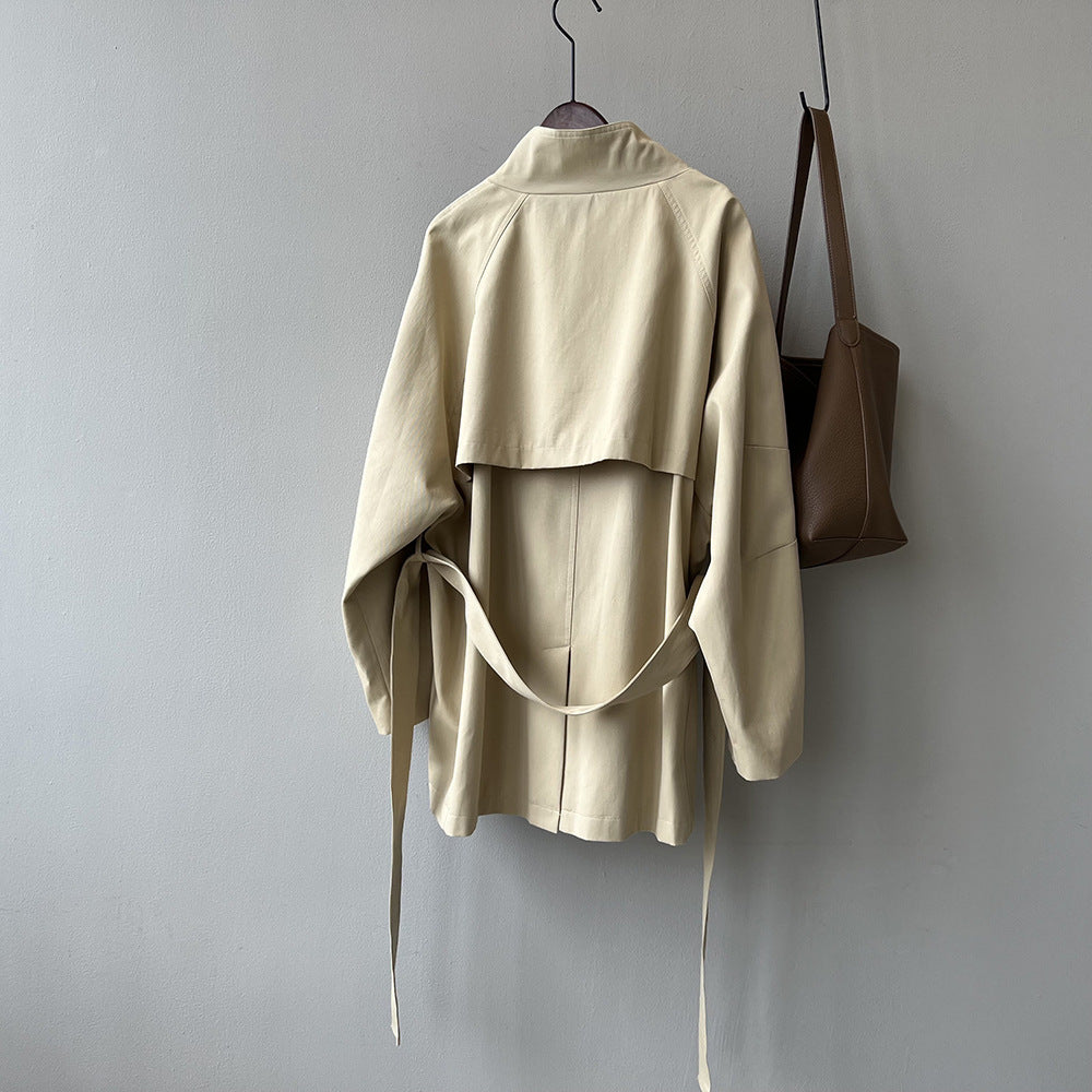 Retro Elegant Mid Length Trench Coat Women Spring Loose Waist Stand Collar Top - Iyanka