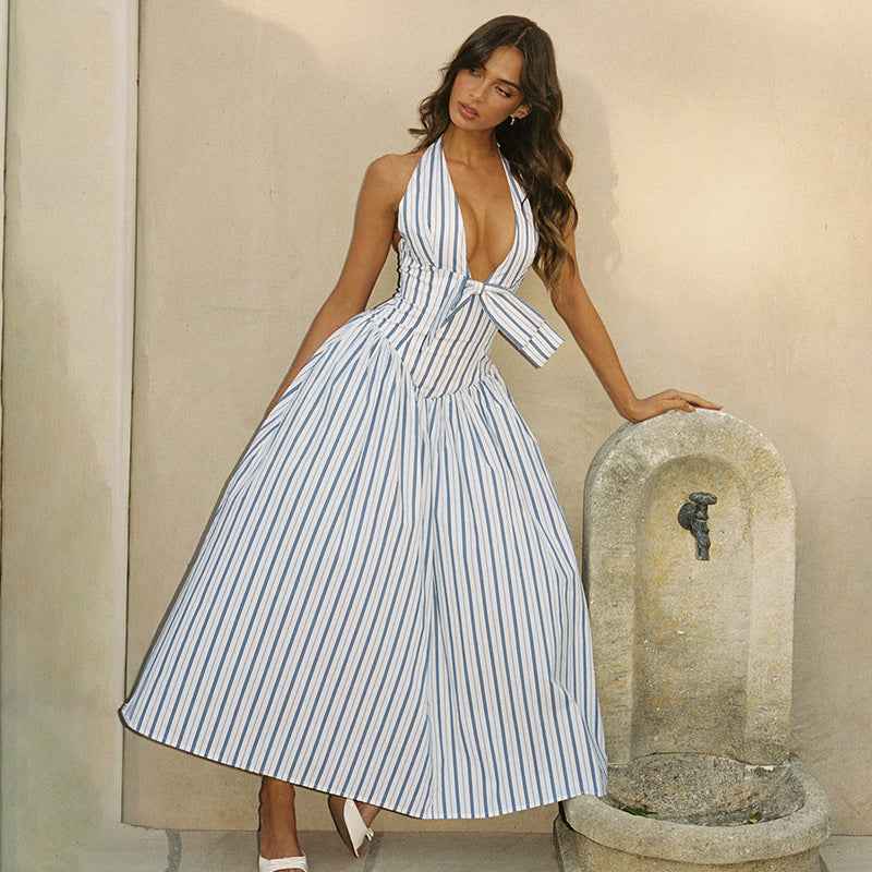 Summer Striped Backless Dress for Women with French Bow Halter Design