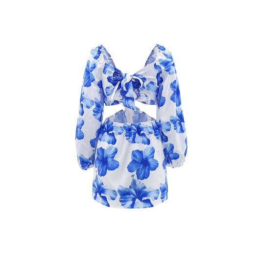 Women Holiday Drawstring Printed Long Sleeve Dress