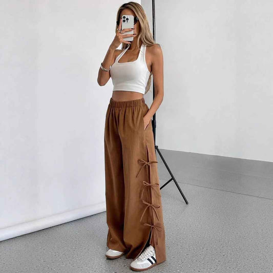 Autumn Winter Casual Bow Tie Contrast Drawstring Pants