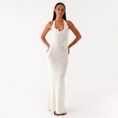 Sexy Hollow Out Cutout Floating Floral Halter Backless Sleeveless Casual Vacation Beach Dress - Iyanka