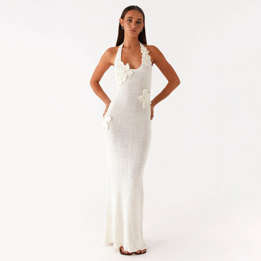 Sexy Hollow Out Cutout Floating Floral Halter Backless Sleeveless Casual Vacation Beach Dress - Iyanka