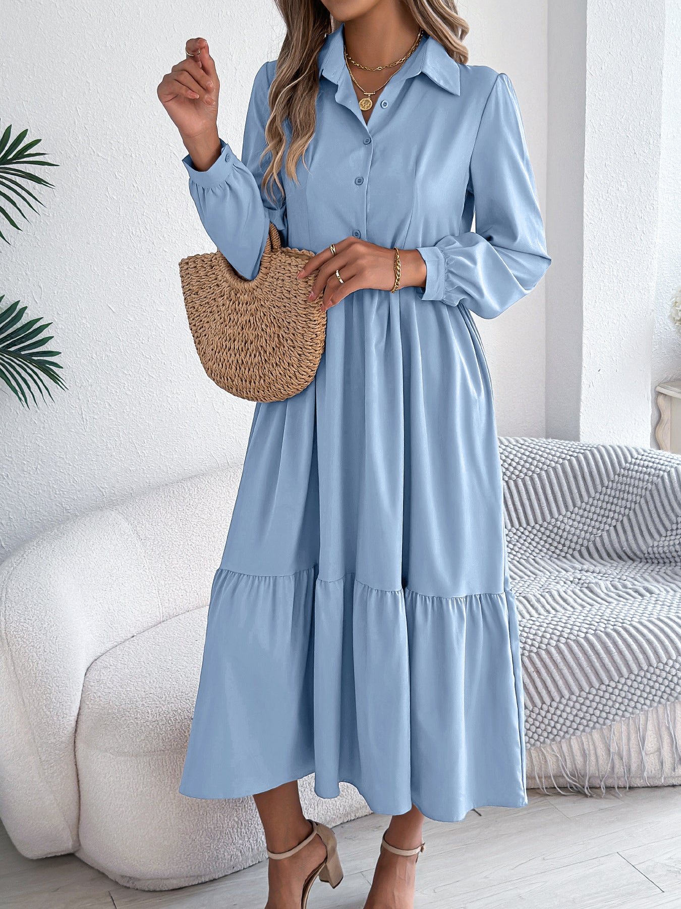 Autumn Winter Collared Casual Loose Long Sleeve Ruffled Shirt Dress Women Clothing