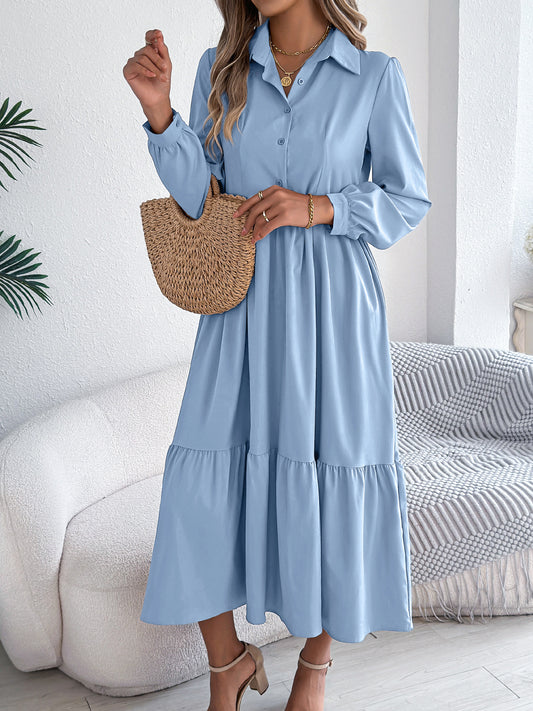 Autumn Winter Collared Casual Loose Long Sleeve Ruffled Shirt Dress Women Clothing