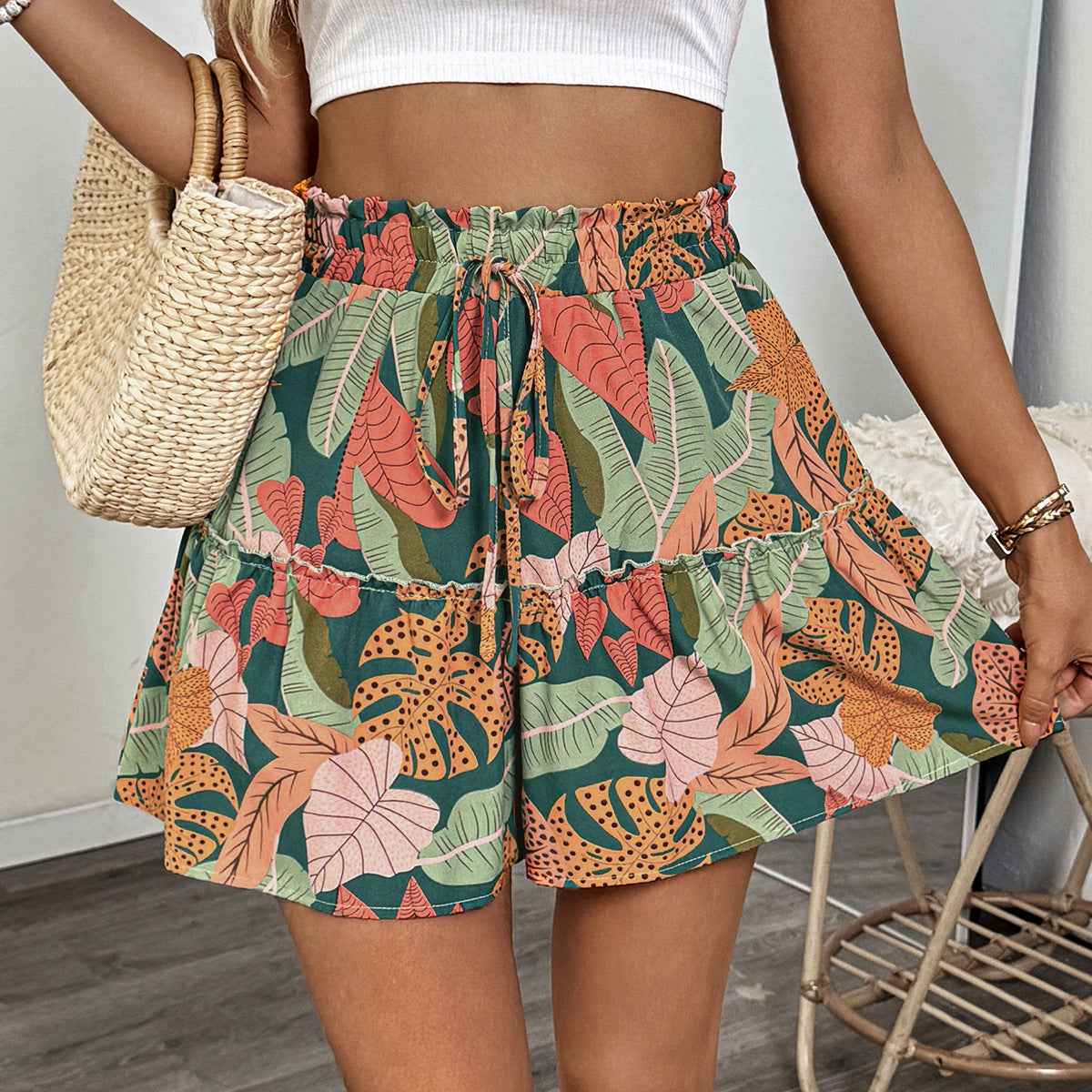 Tropical Plant Holiday Floral Print Pants Summer Elastic Shorts Wide Leg Pants Women