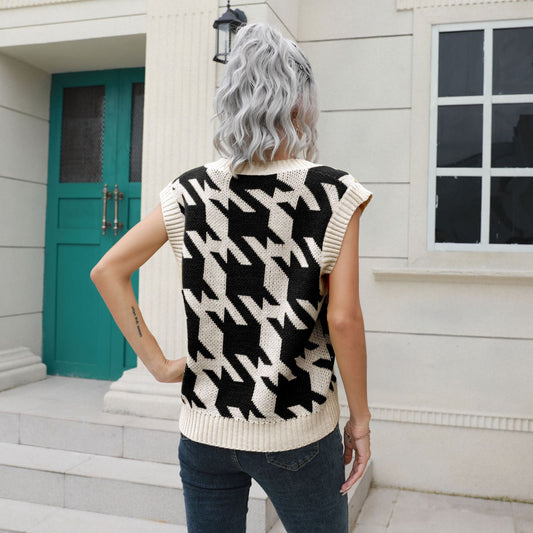 Houndstooth V-neck Vest Sweater Women Vest Outer Wear Inner Wear Autumn Winter Knitwear Sweater Boucle - Iyanka