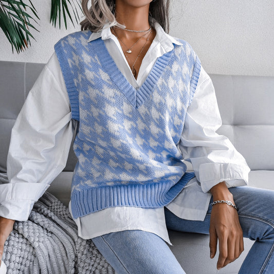 Autumn Winter V-neck Houndstooth Casual Loose Knitted Vest Sweater Waistcoat Women Clothing - Iyanka