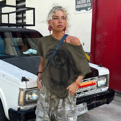 Women’s Abstract Printed Loose T-Shirt – Retro Distressed Casual Top