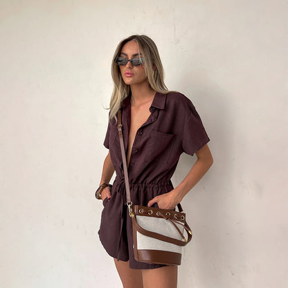 Shirt Collar Solid Color Waist Tight Short Sleeve Romper for Women Casual - Iyanka