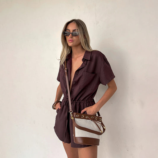 Shirt Collar Solid Color Waist Tight Short Sleeve Romper for Women Casual - Iyanka