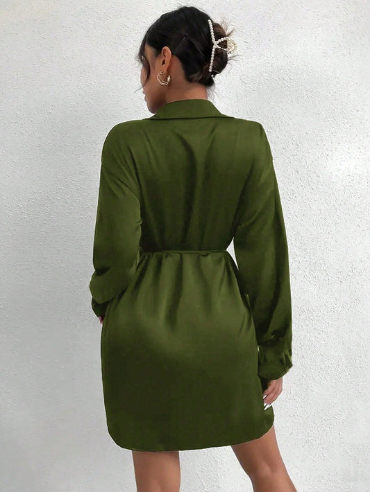 Women Clothing Long Sleeve Autumn Satin Dress Party Dress Waist Tight Satin Dress