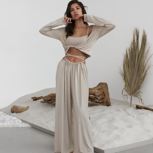 Suspender Top Trousers Long Sleeve Three Piece Set Comfortable Pajamas Autumn Knit Casual Homewear - Iyanka