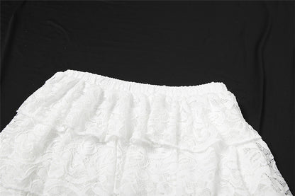 Women Clothing Autumn Slim Fit Sexy Flare Sleeve Ruffled Long Sleeve Lace Hollow Out Cutout out Skirt Two Piece Sets - Iyanka