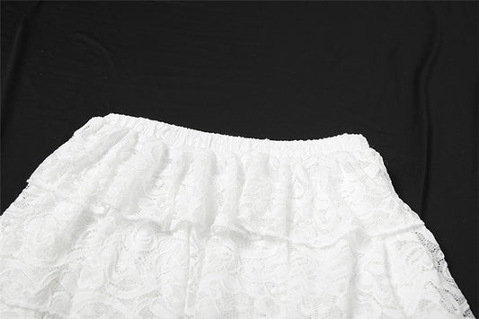 Women Clothing Autumn Slim Fit Sexy Flare Sleeve Ruffled Long Sleeve Lace Hollow Out Cutout out Skirt Two Piece Sets - Iyanka
