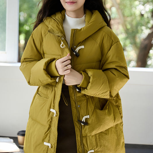Half-High Collar Long Sleeves Bread Coat for Women Autumn Winter Thick Windproof Extended Long Coat White Duck down Hooded down Jacket - Iyanka