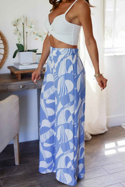 Summer Geometric Abstract Printed Elastic Waist Wide Leg Trousers