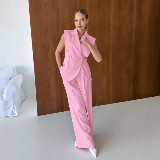 Pink Gentle Sleeveless Collar Loose Fitting Waistcoat High Waist Pocket Wide Leg Pants Summer Casual Set Women - Iyanka